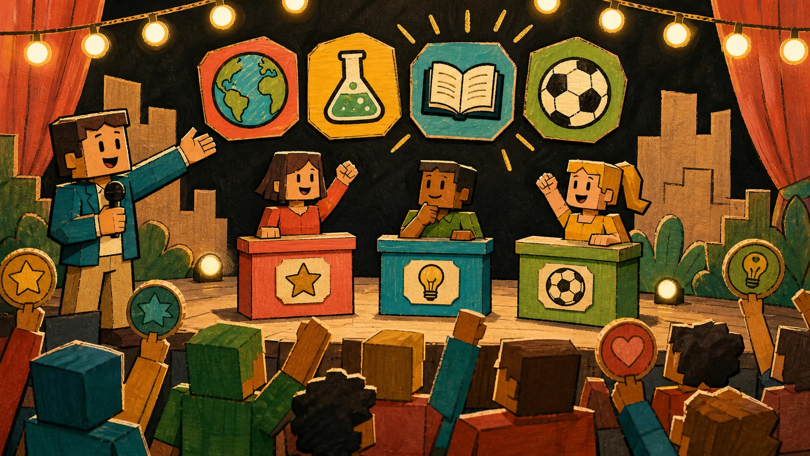 Voxel community trivia night game with a stage and quiz podiums.