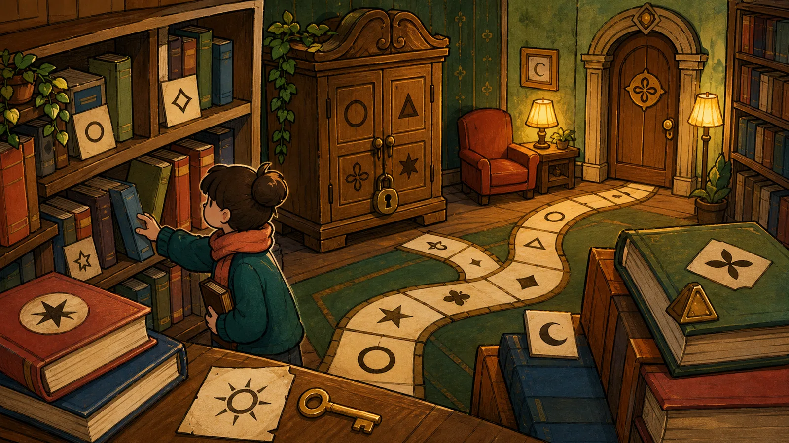 Voxel escape room game set inside a cozy library.