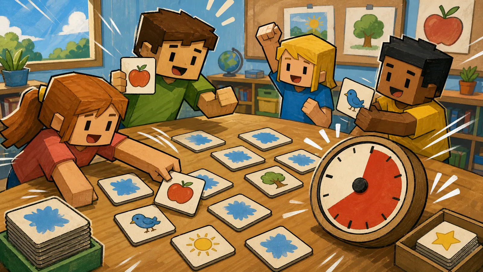 Voxel classroom vocabulary sprint game with flashcards and a timer.